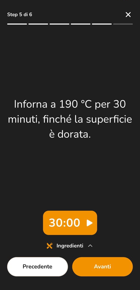 La modalità cottura dell'app Mochi con il passaggio della ricetta e un timer da 30 minuti